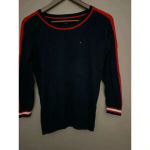 Navy Sweater with Red Stripes